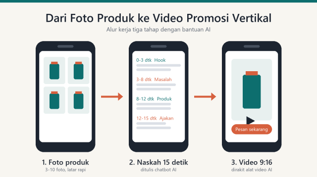 Skema alur kerja tiga tahap: foto produk, naskah 15 detik, lalu video vertikal 9:16