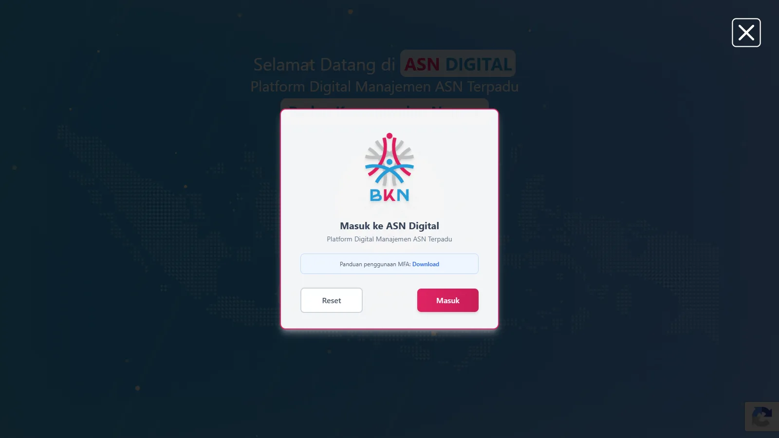 Jendela Masuk ke ASN Digital dengan tautan panduan penggunaan MFA