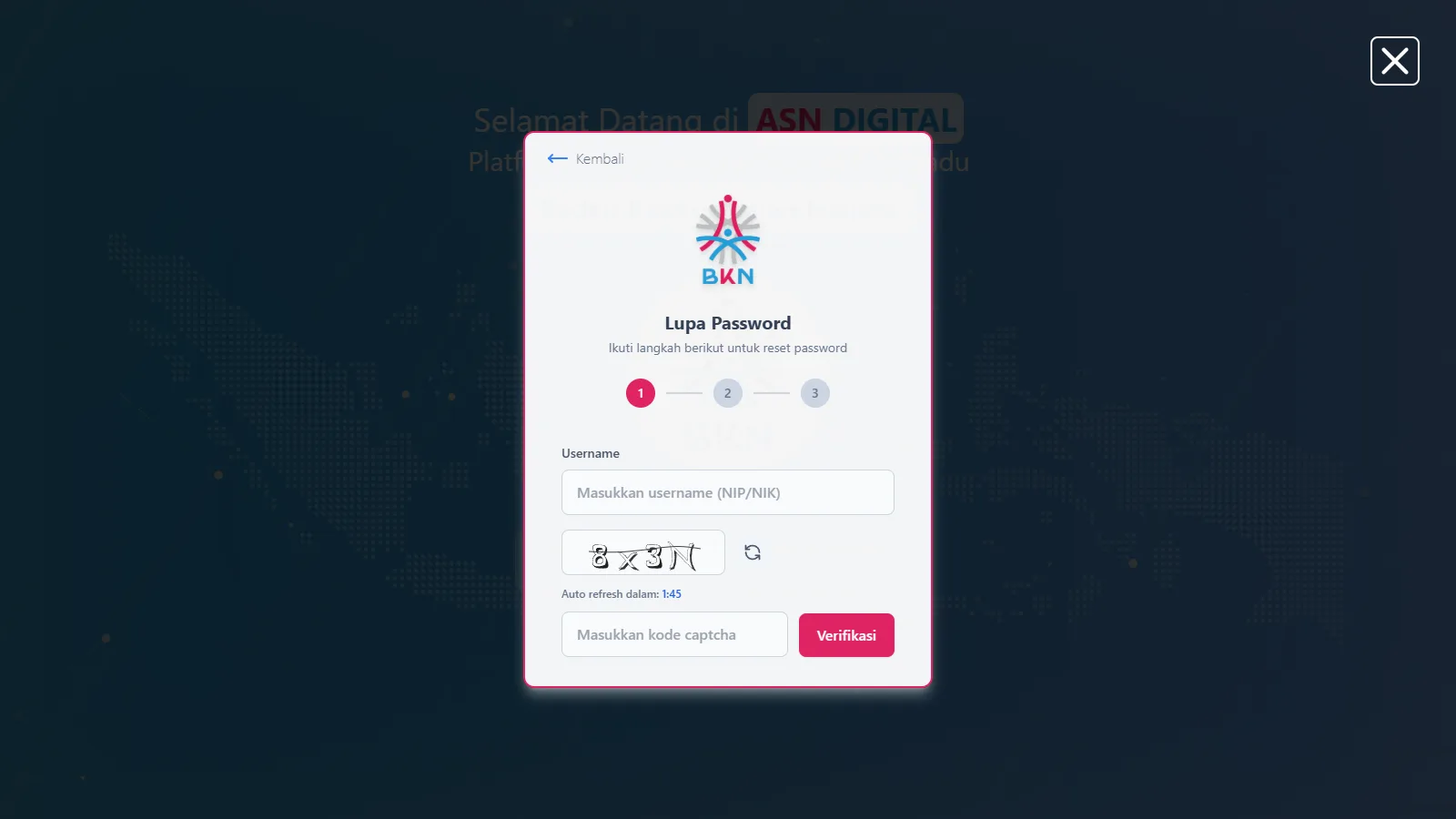 Formulir Lupa Password ASN Digital dengan kolom username NIP atau NIK dan captcha