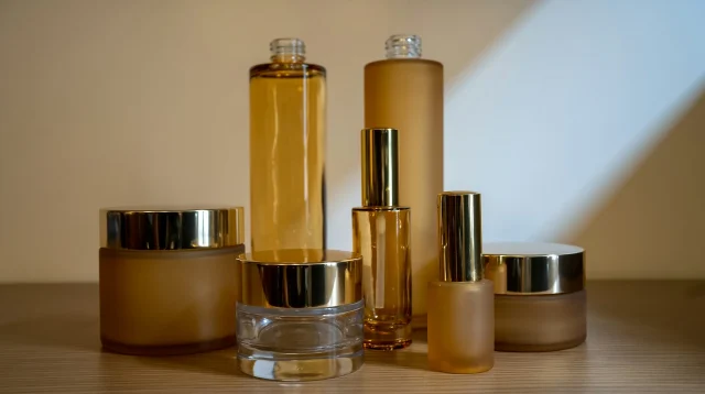 Deretan botol serum dan toples krim tanpa label di atas rak kayu
