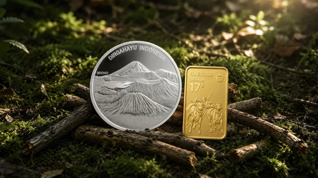 Emas batangan ANTAM 17 gram seri Karapan Sapi dan koin perak Gunung Bromo