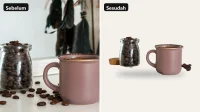 Kolase sebelum dan sesudah: mug keramik dan toples biji kopi di meja rumahan, lalu tampil di latar krem polos