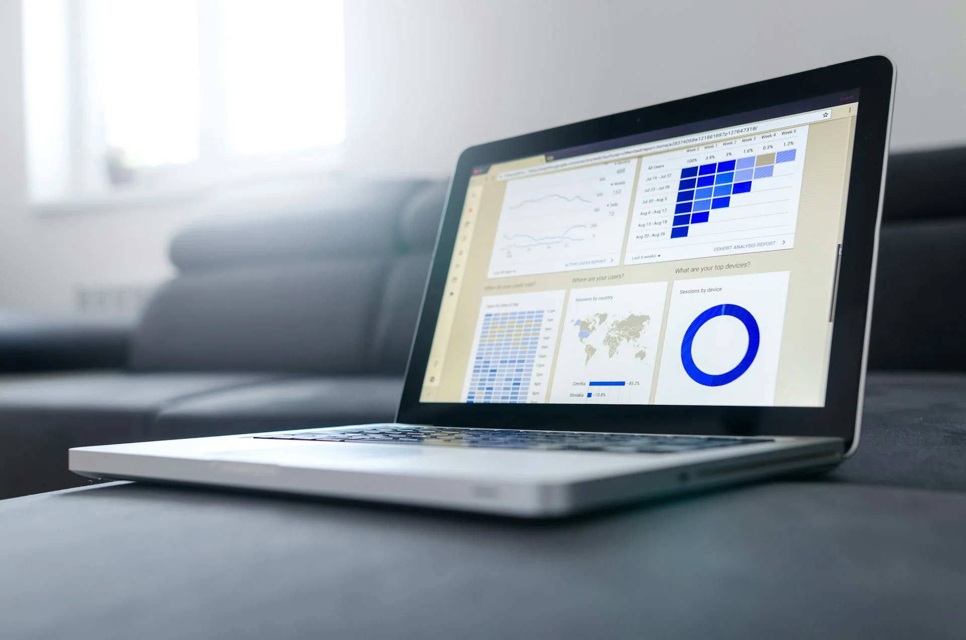 Laptop di atas sofa menampilkan dasbor analitik berisi grafik garis, tabel, peta, dan diagram lingkaran