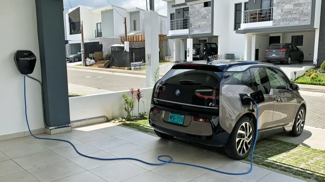 Contoh pasang charger mobil listrik di rumah: wallbox di dinding carport tersambung kabel biru ke BMW i3 yang sedang diisi