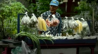 Pedagang sayur lanjut usia berdiri di balik gerobak berisi jagung dan kacang panjang, gambaran pelaku usaha kecil yang terdampak aturan pajak UMKM PP 20 Tahun 2026