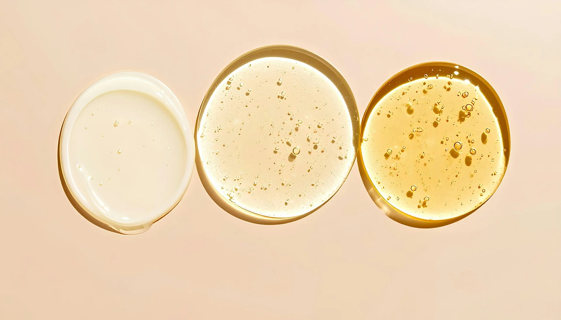 Tiga olesan skincare berdampingan: krim putih kental, gel bening, dan serum kekuningan