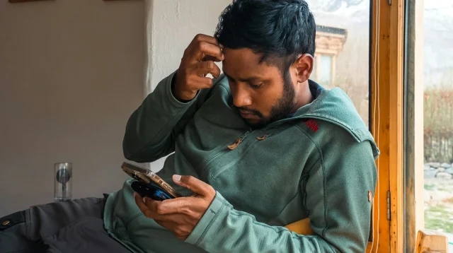 Pria duduk dekat jendela memegang dahi sambil menatap layar ponsel dengan raut ragu
