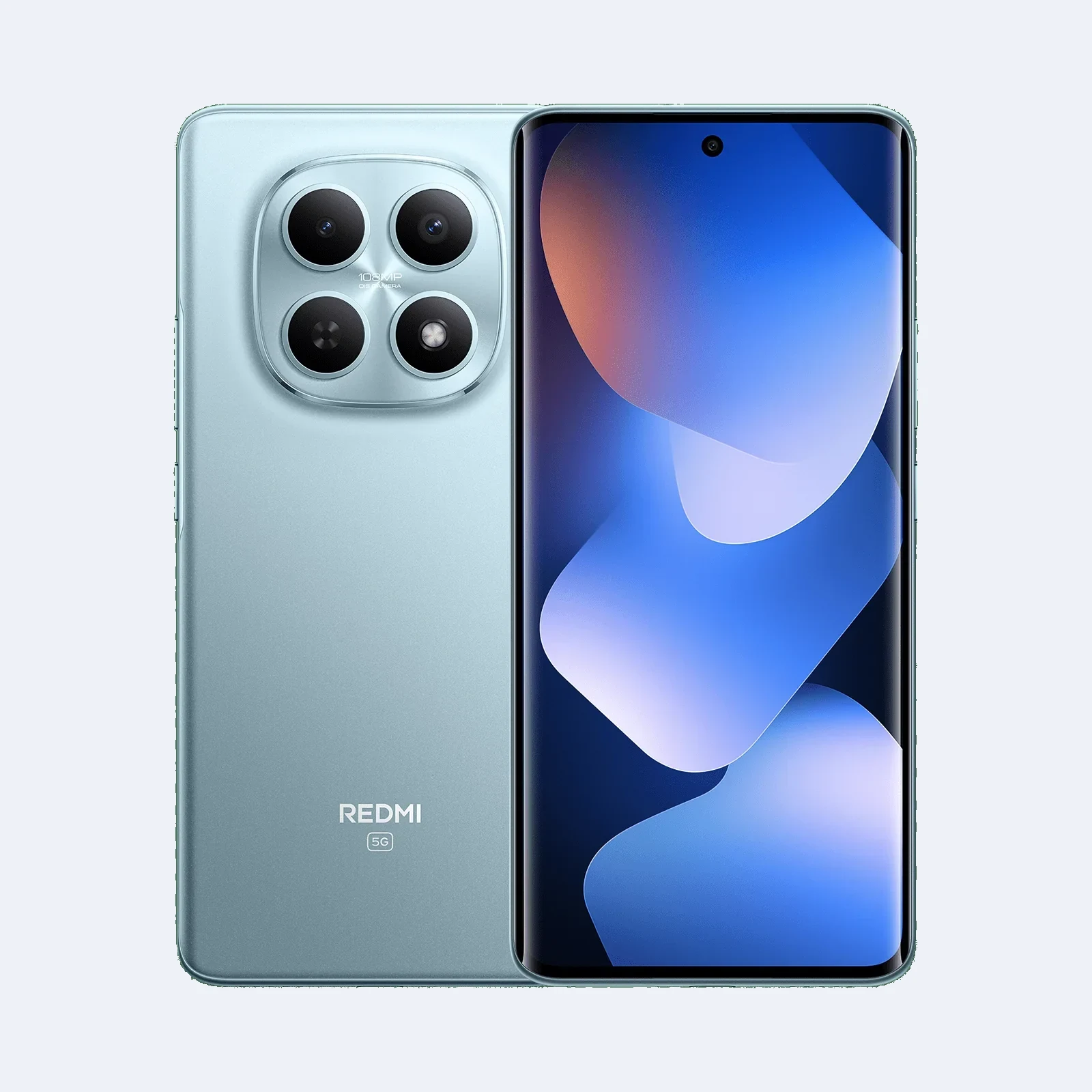 REDMI Note 15 5G warna Glacier Blue tampak belakang dengan kamera 108MP OIS dan tampak depan
