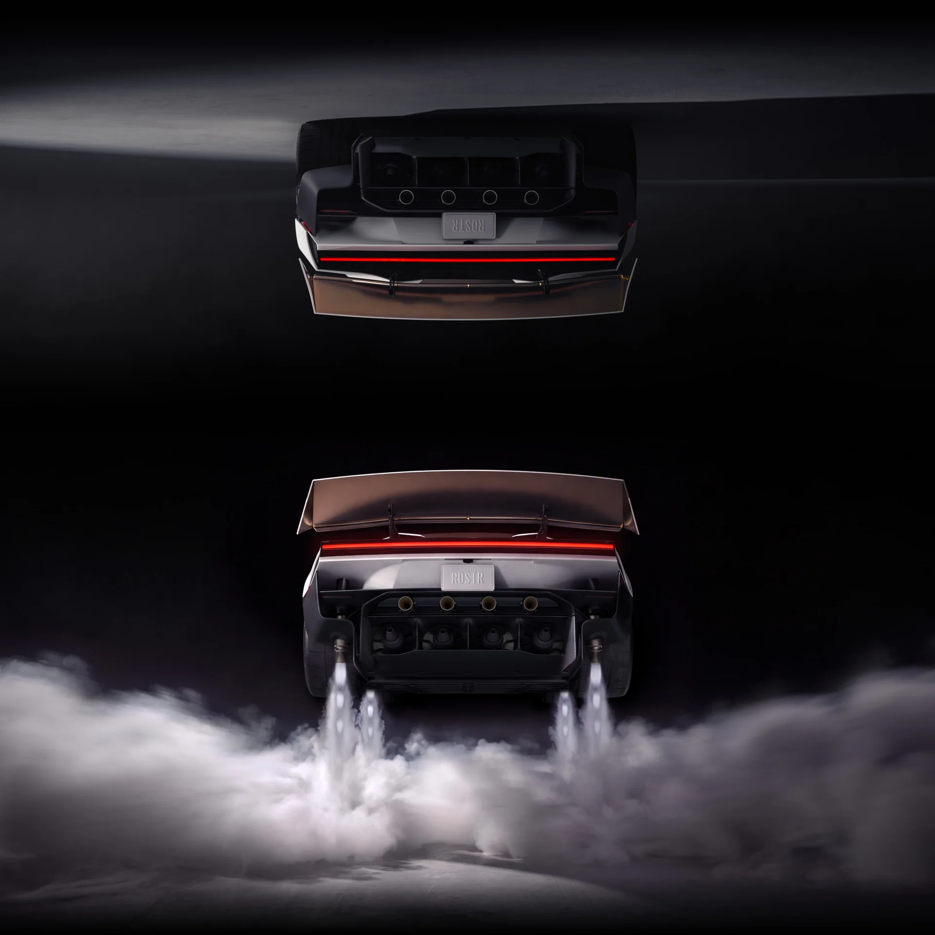 Ilustrasi resmi Tesla Roadster terbalik menempel di langit-langit dan Roadster menyemburkan gas dingin dari thruster