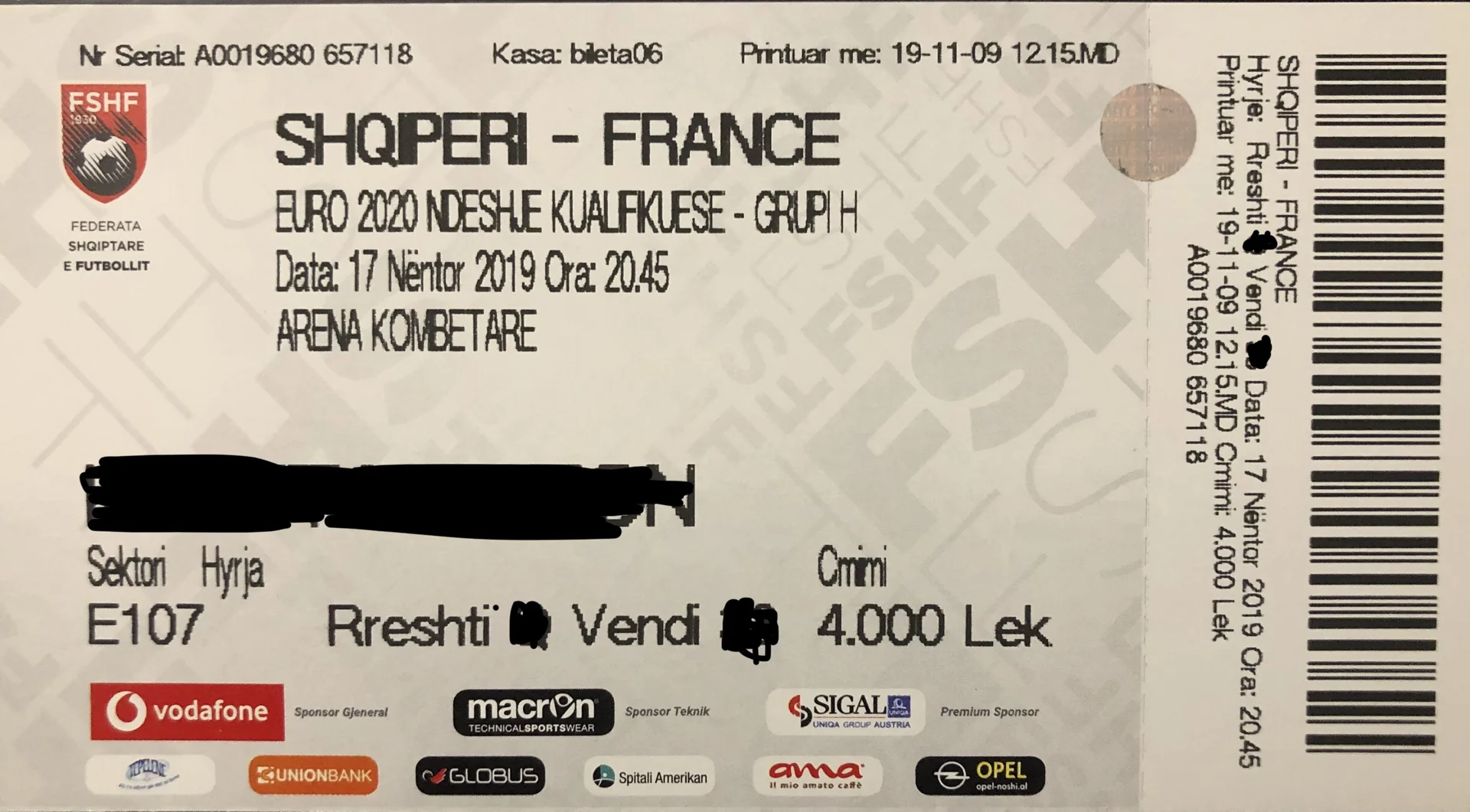 Tiket fisik pertandingan sepak bola Albania lawan Prancis 2019 berisi sektor, harga 4.000 lek, dan barcode