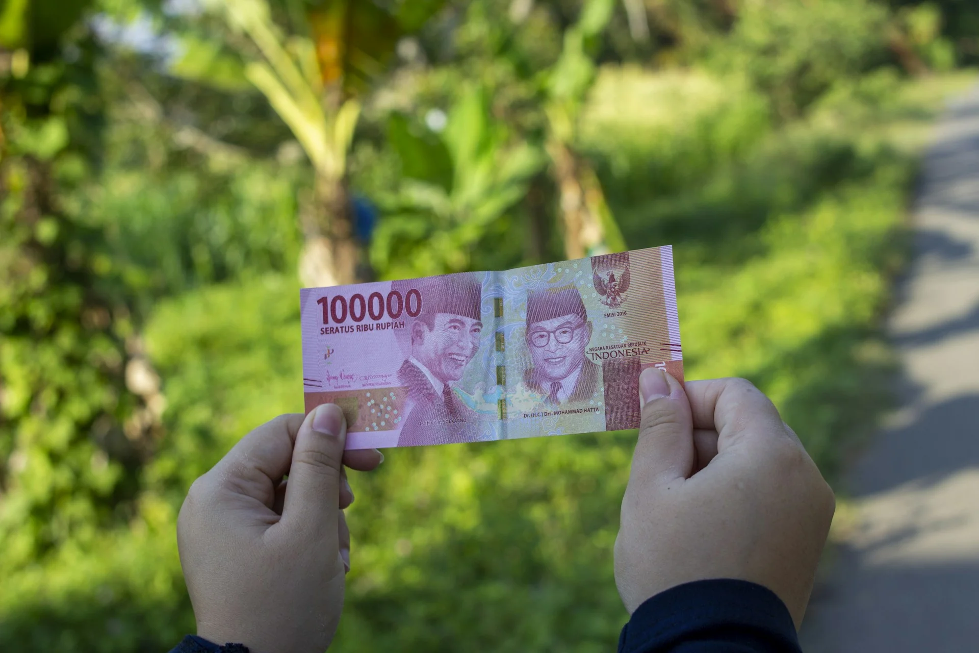 Dua tangan memegang selembar uang kertas Rp100.000 dengan latar pepohonan hijau
